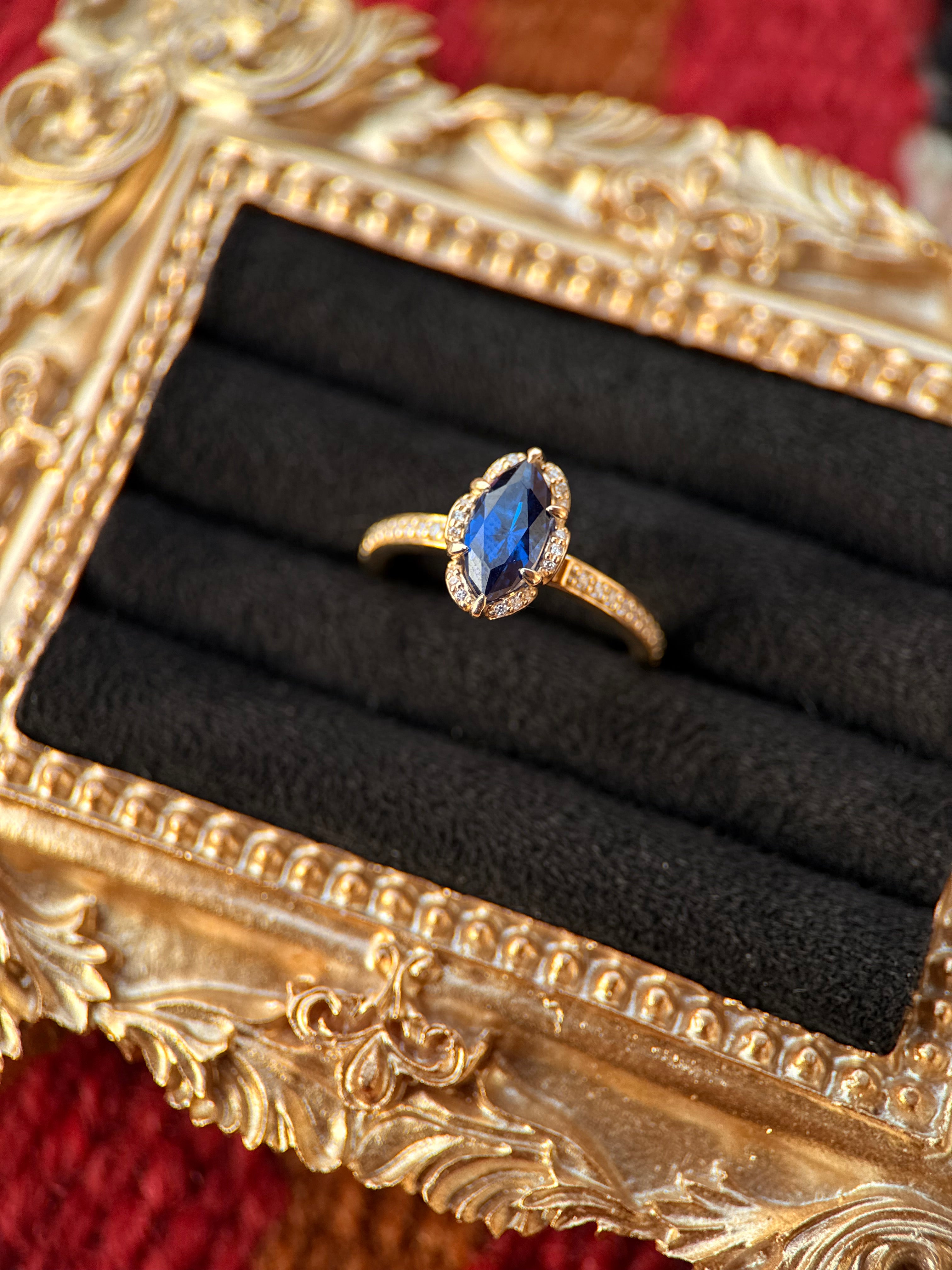 10K YELLOW GOLD BLUE SAPPHIRE & DIAMOND.