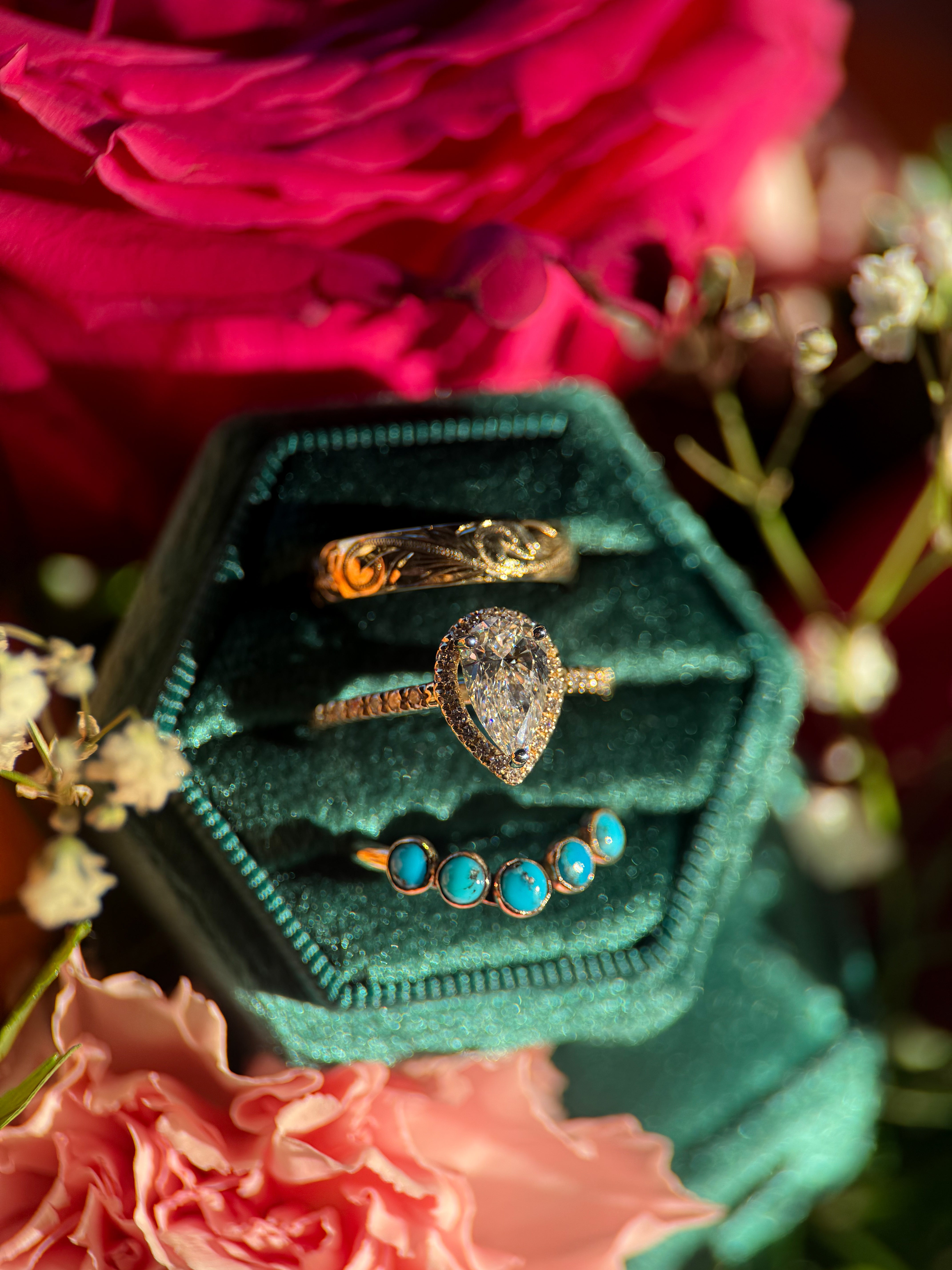 TURQUOISE 3MM GOLD WEDDING BANDS.