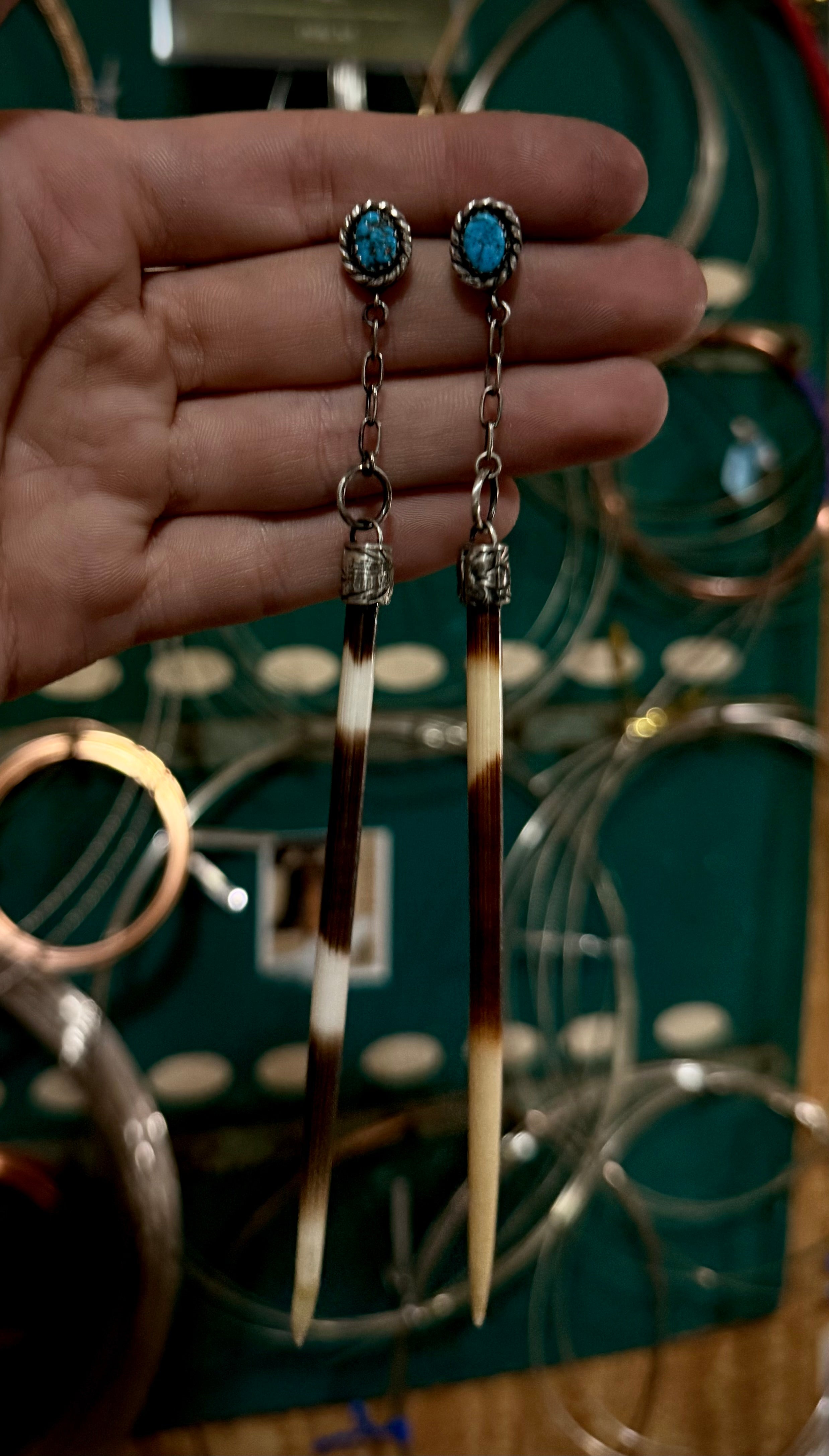 PORCUPINE AND OLD KINGMAN EARRING HAND MADE PIECE.