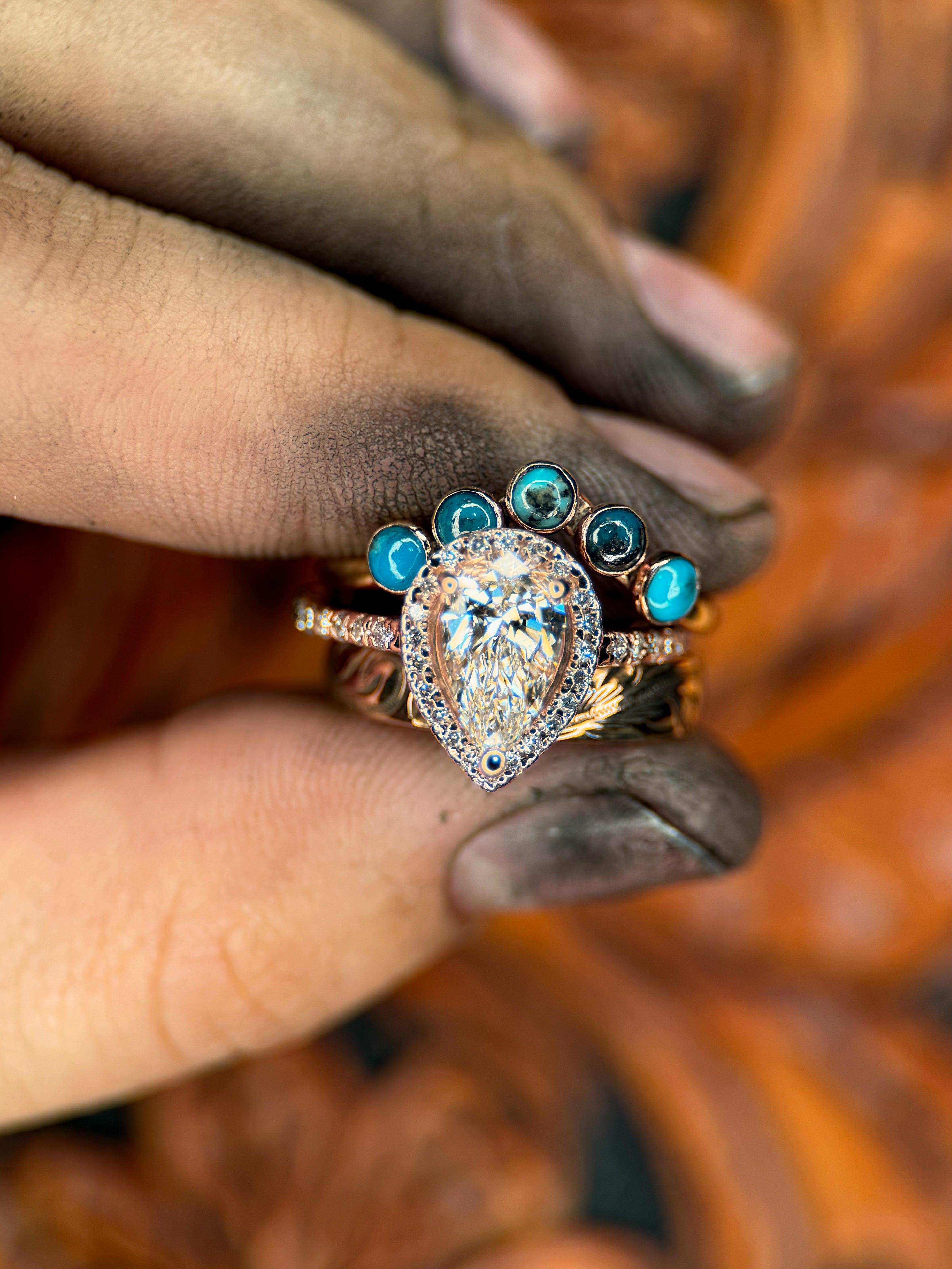 MOISSANITE PEAR HALO 14k ROSE GOLD SET.