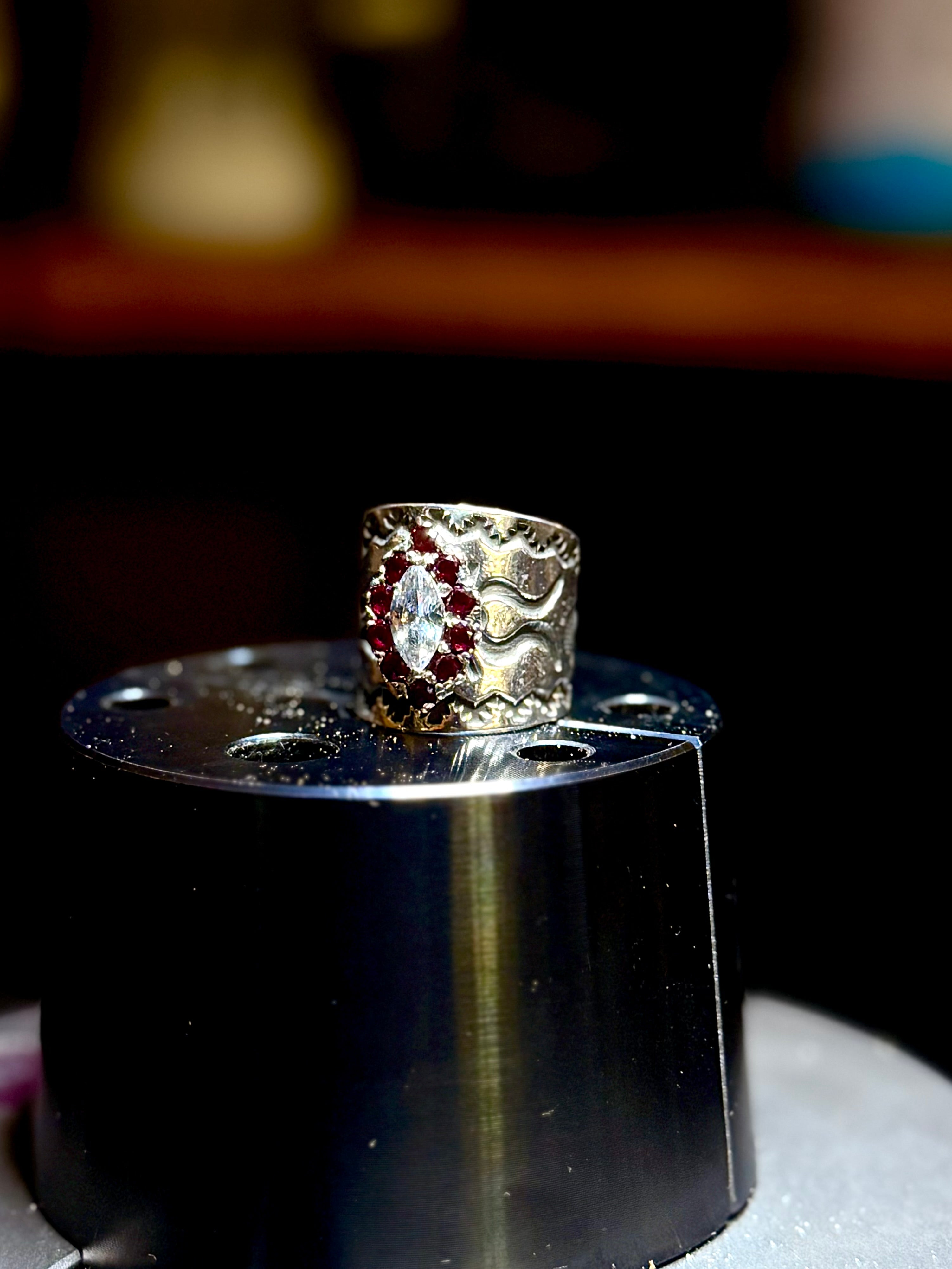 CUSTOM CLUSTER MOISSANITE CIGAR GEMSTONE RING.