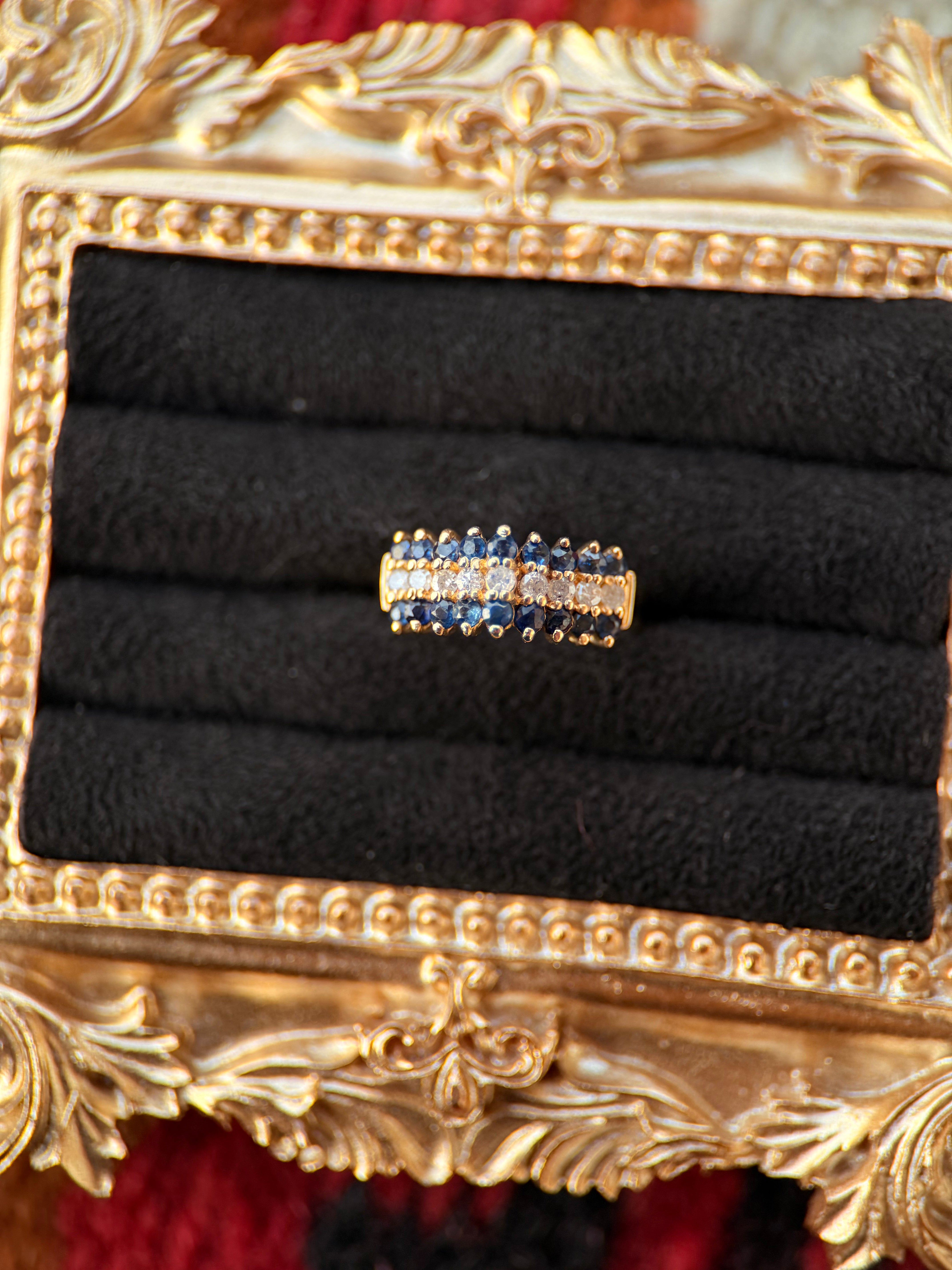14K SAPPHIRE AND DIAMOND VINTAGE CLUSTER.