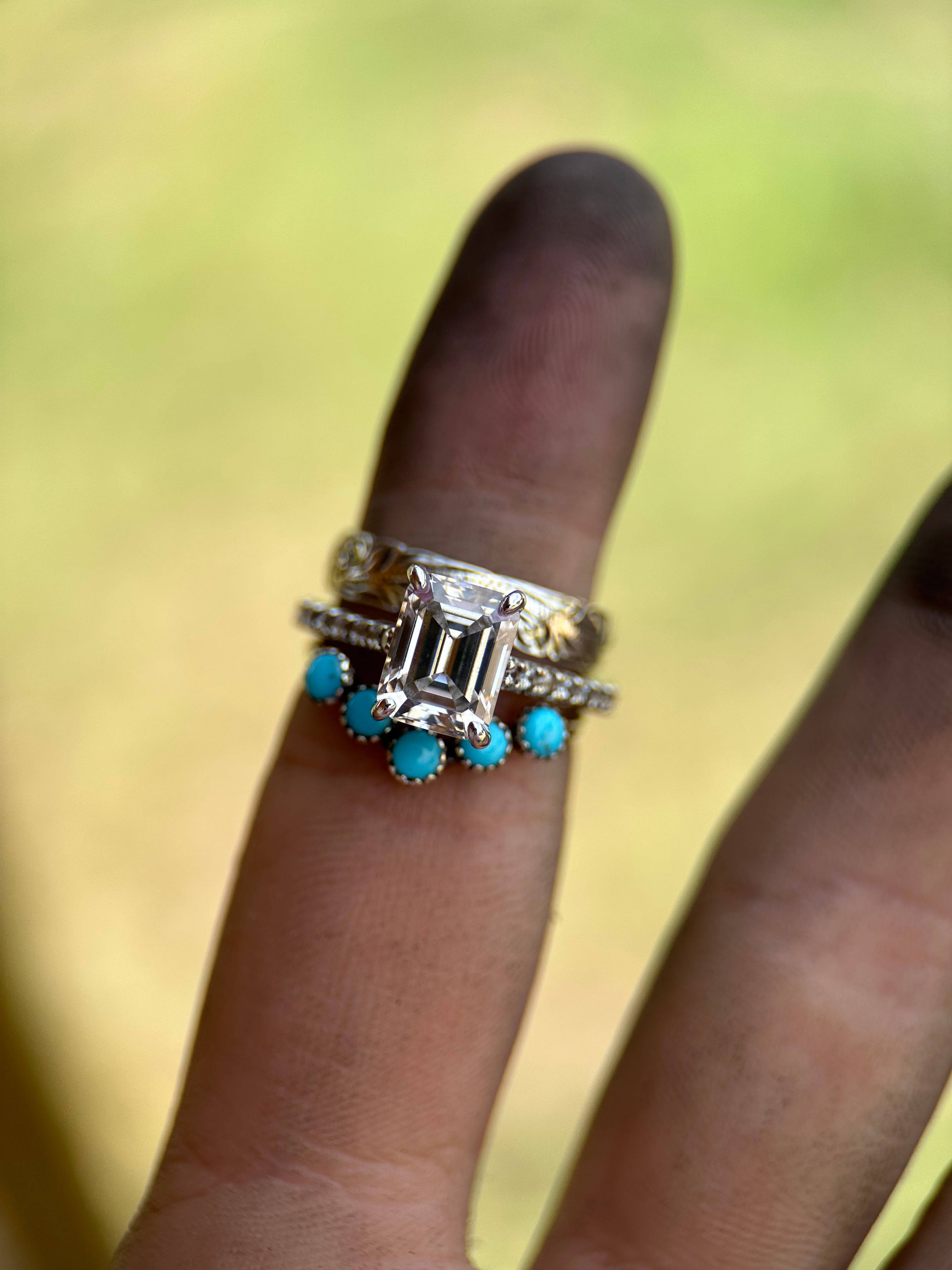 DIAMOND EMERALD CUT 14k WHITE GOLD SET.
