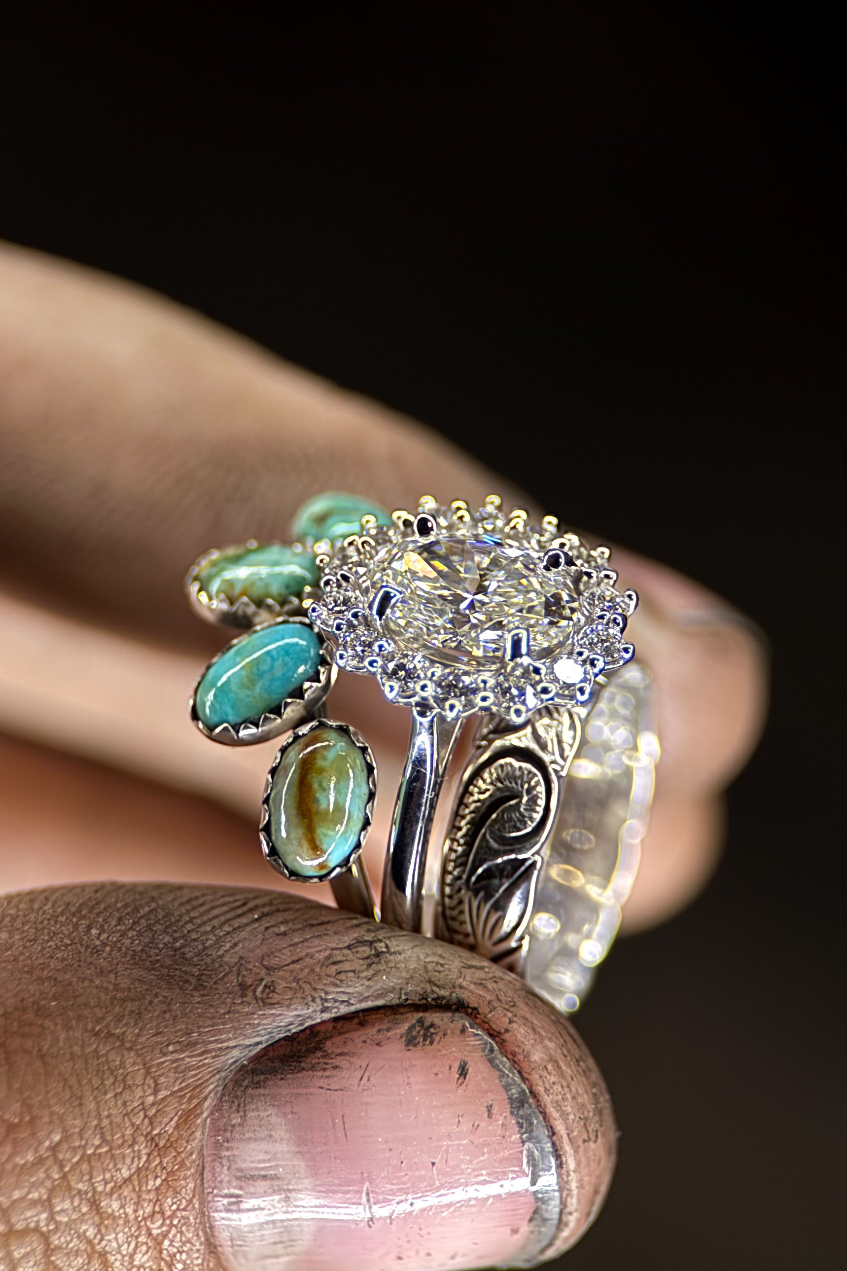 14K WHITE GOLD FANCY OVAL HALO SET.
