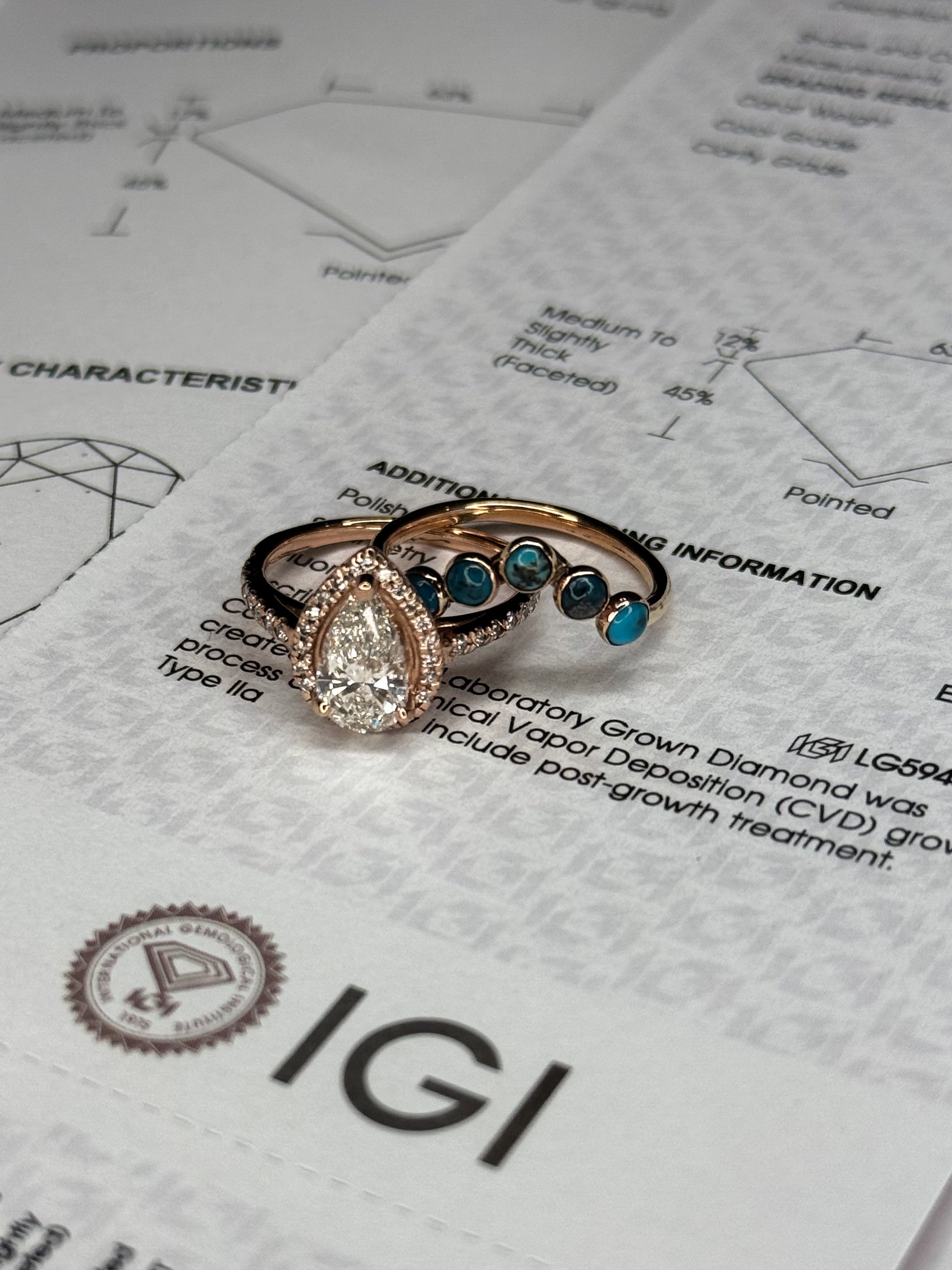 MOISSANITE PEAR HALO 14k ROSE GOLD SET.