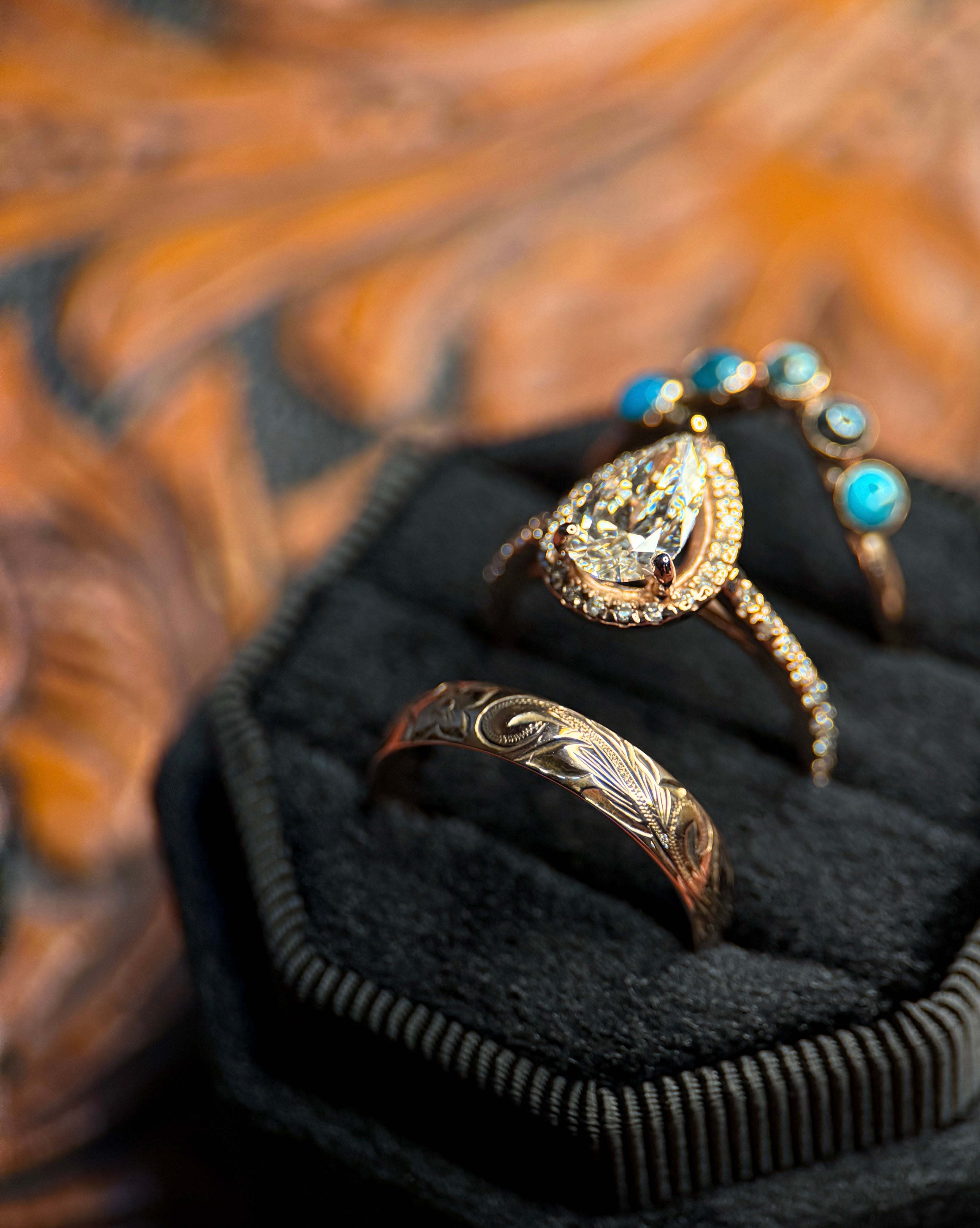 TURQUOISE 3MM GOLD WEDDING BANDS.