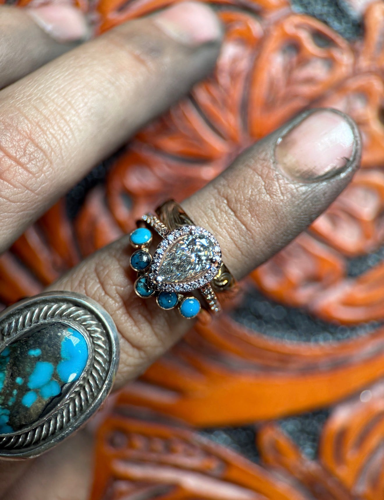 MOISSANITE PEAR HALO 14k ROSE GOLD SET.
