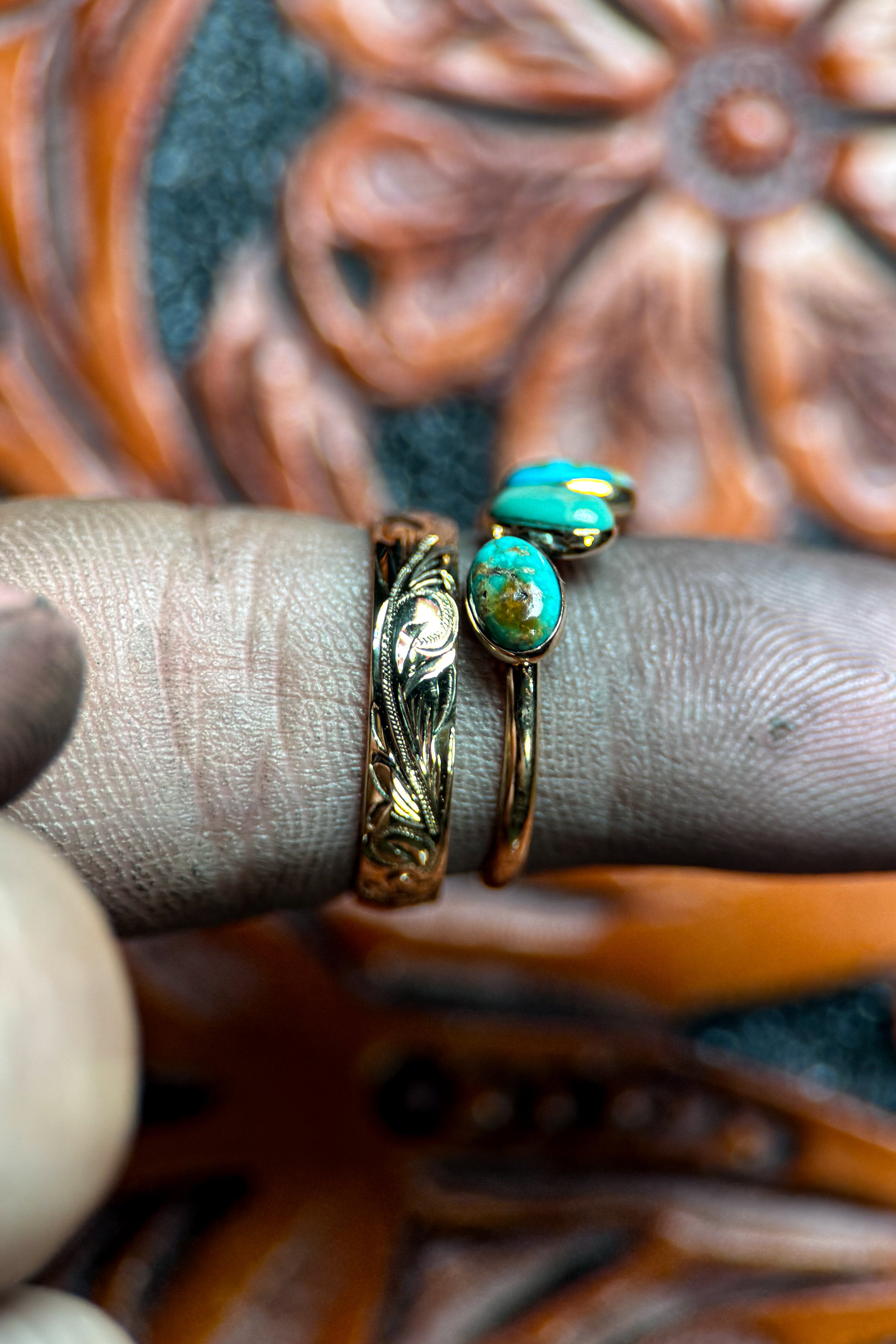 TURQUOISE 4 X 6 GOLD WEDDING BANDS.