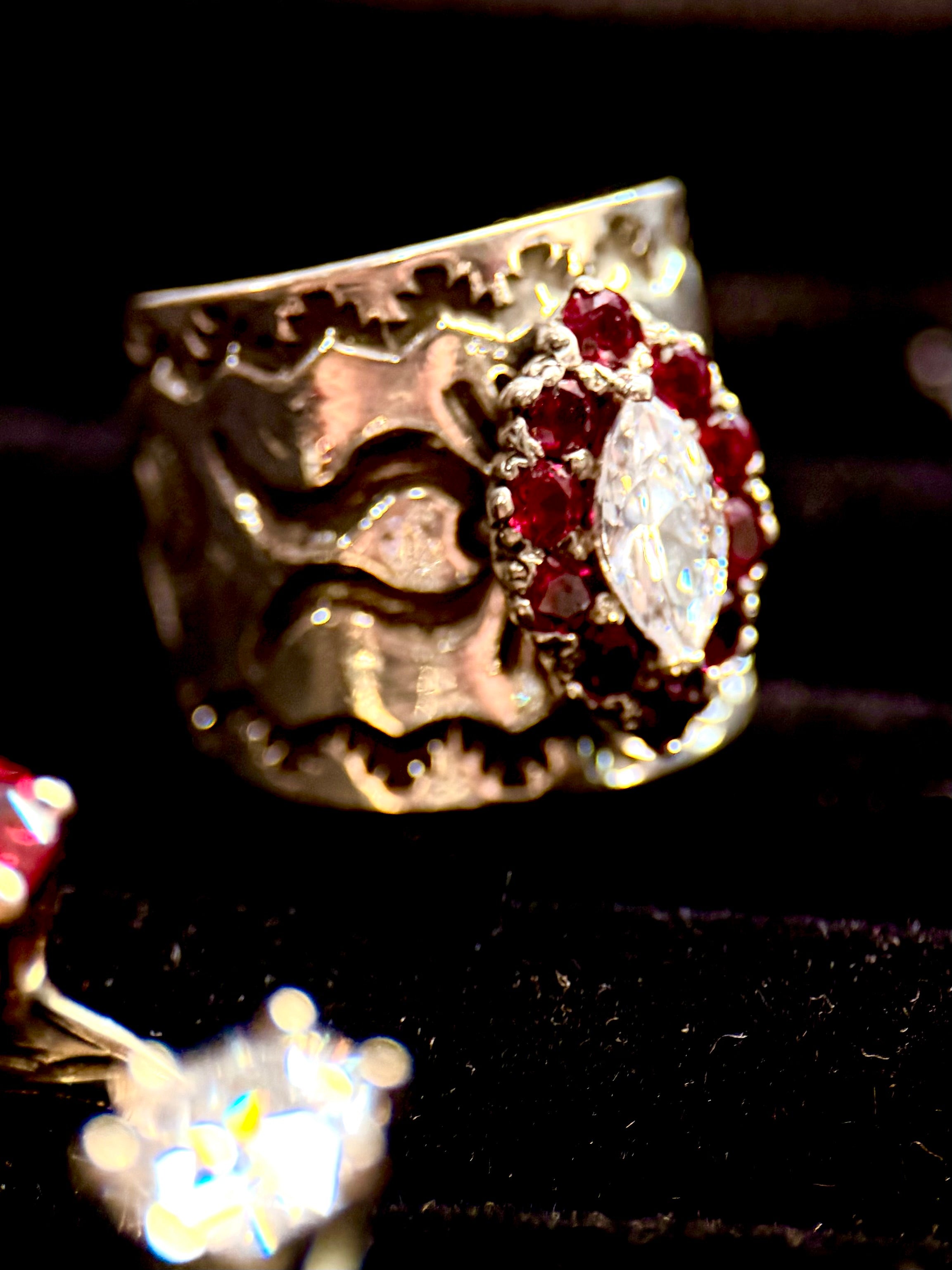 CUSTOM CLUSTER MOISSANITE CIGAR GEMSTONE RING.
